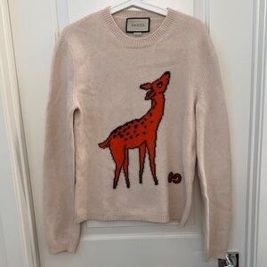 Gucci Women's Beige Sweater with Vibrant Orange Deer